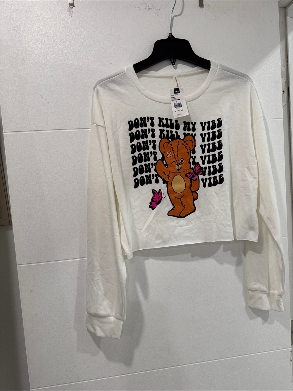 Yellow Cabbage Crop Top Women Large Ivory Good Vibe Bear Graphic Raw Hem